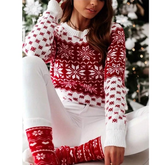 Roundneck Nordic Snowflake Red & White Knit Christmas Sweater - Picture 2 of 5